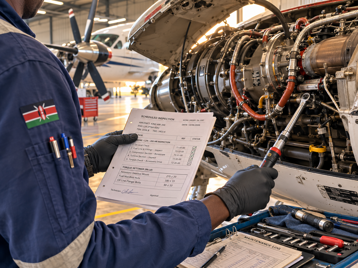Technician working a scheduled inspection on an aircraft engine with a checklist in hand