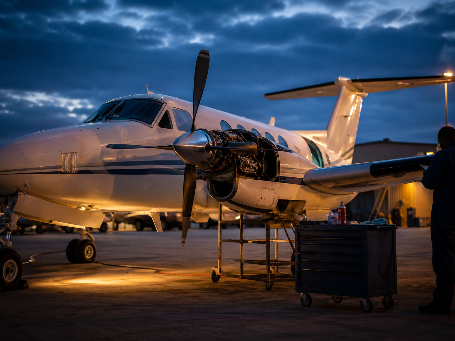 Twin-turboprop business aircraft on the ramp at dusk, undergoing a maintenance inspection
