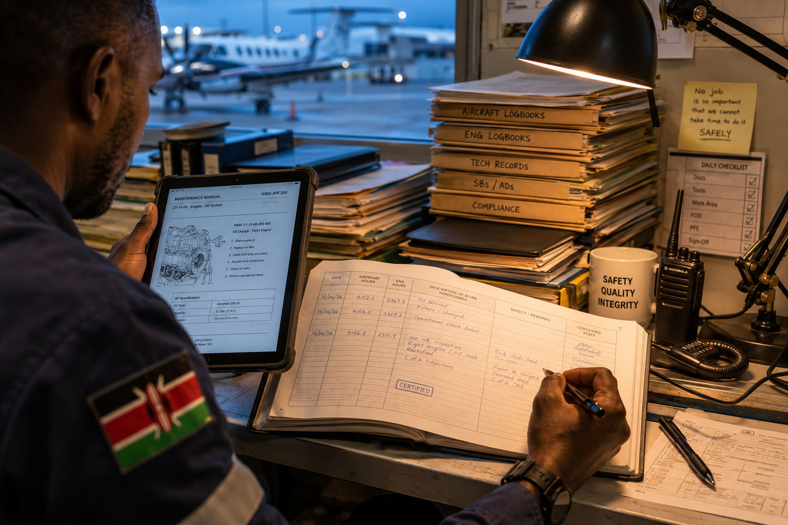 Engineer cross-referencing a paper aircraft logbook against a tablet in a hangar records office
